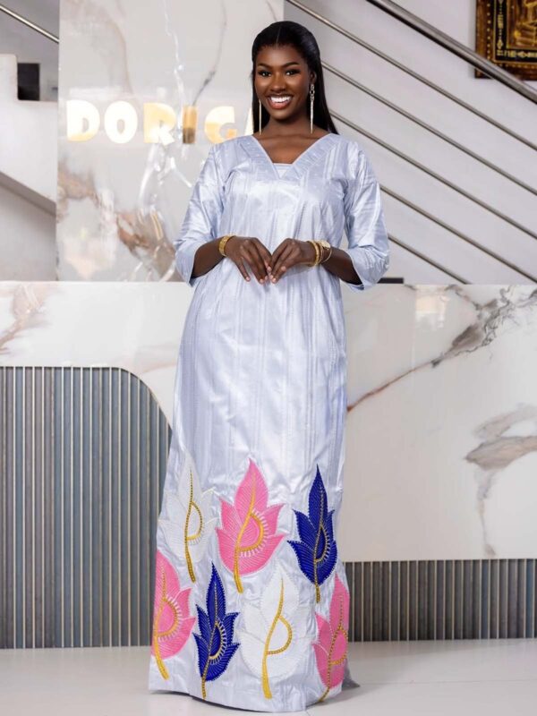Custom made African bazin dress 3 Custom Made African Bazin Dress – White Embroidered Getzner Boubou with Pink & Blue Leaf Motifs