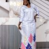 Custom made African bazin dress 4 Custom Made African Bazin Dress – White Embroidered Getzner Boubou with Pink & Blue Leaf Motifs