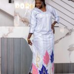 Custom made African bazin dress 4 Custom Made African Bazin Dress – White Embroidered Getzner Boubou with Pink & Blue Leaf Motifs