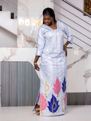 Custom made African bazin dress 4 Custom Made African Bazin Dress – White Embroidered Getzner Boubou with Pink & Blue Leaf Motifs