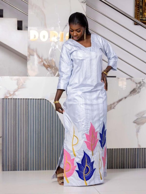 Custom made African bazin dress 4 Custom Made African Bazin Dress – White Embroidered Getzner Boubou with Pink & Blue Leaf Motifs
