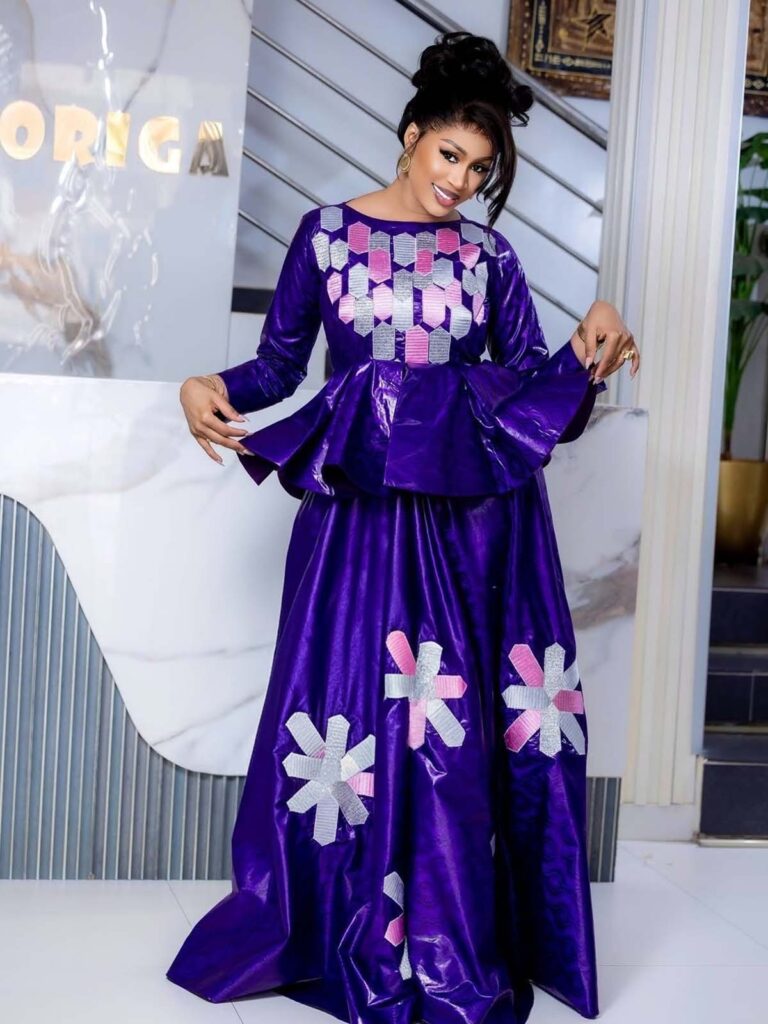 Eid Bazin Dress – Purple Peplum Top and Skirt with Statement Detailing