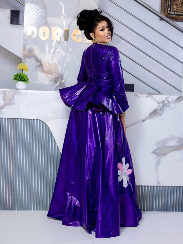 Eid Bazin Dress – Purple Peplum Top and Skirt with Statement Detailing