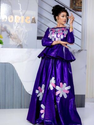 Eid Bazin Dress in Deep Purple with Embroidered Two Piece Design