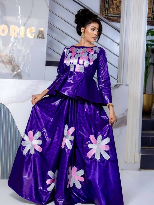 Eid Bazin Dress – Purple Peplum Top and Skirt with Statement Detailing