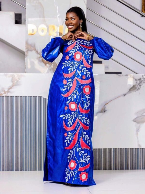 Elegant bazin dress for wedding guest in premium Getzner with long sleeves