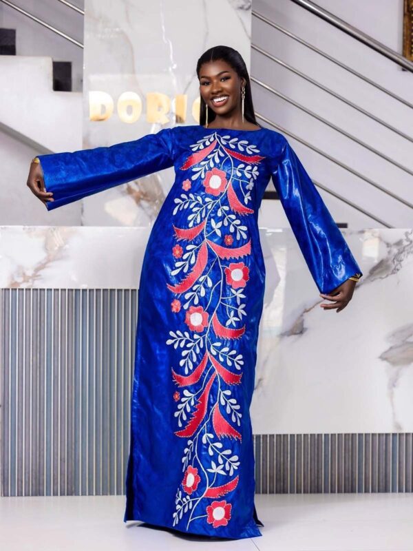 Elegant bazin dress for wedding guest in premium Getzner with long sleeves