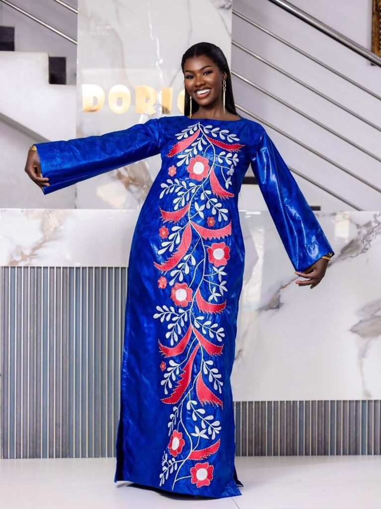 Elegant bazin dress for wedding guest in premium Getzner with long sleeves