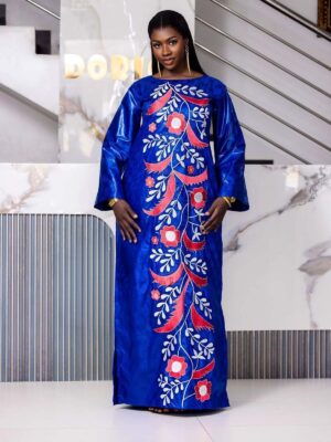 Elegant bazin dress for wedding guest 4 Elegant bazin dress for wedding guest in blue Getzner with floral embroidery