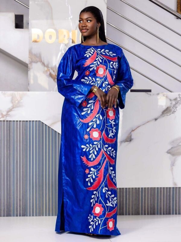 Elegant bazin dress for wedding guest in premium Getzner with long sleeves