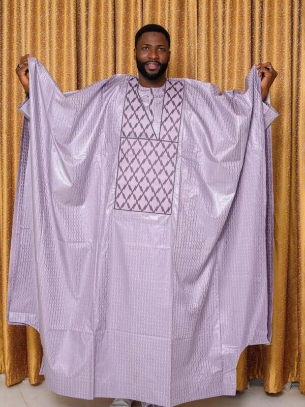 Embroidered African Menswear – Premium Lavender Bazin Boubou for Men