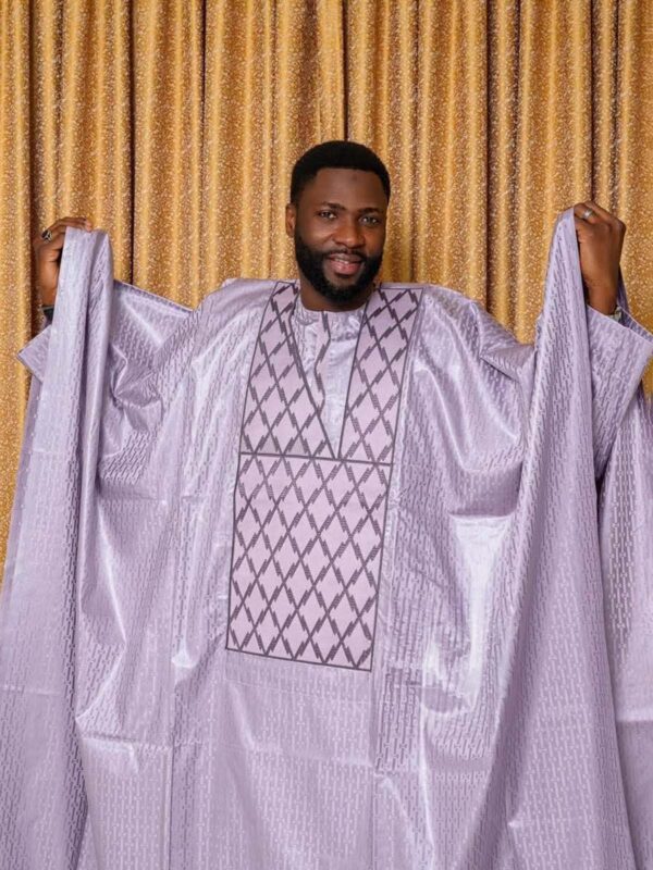 Embroidered African Menswear – Premium Lavender Bazin Boubou for Men