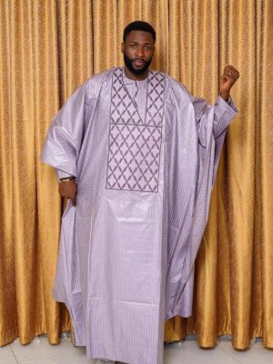 Embroidered African Menswear in Lavender Bazin with Geometric Detailing