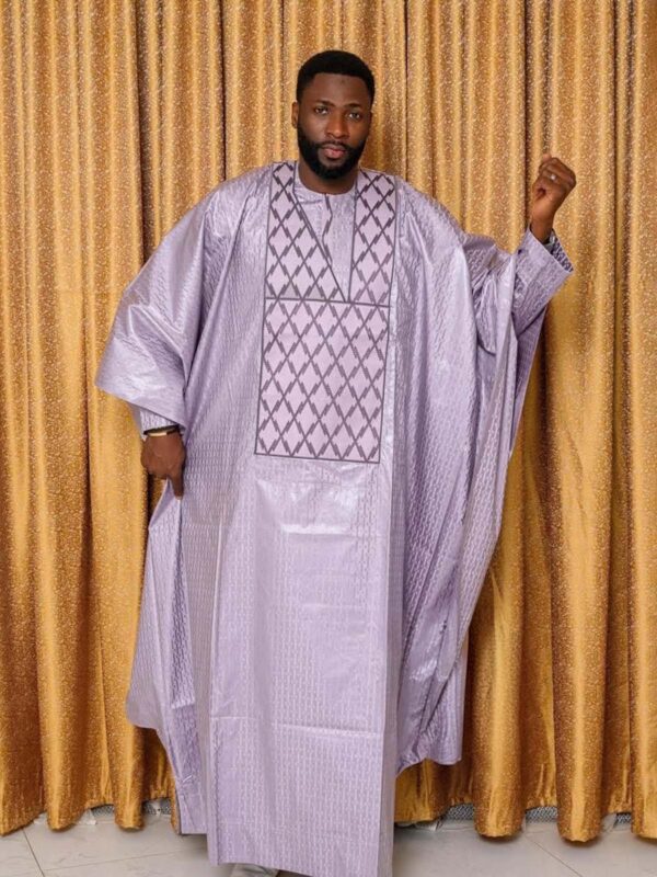 Embroidered African Menswear in Lavender Bazin with Geometric Detailing