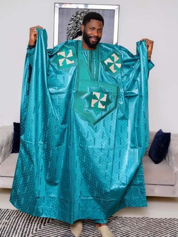 Gambian Men Traditional Wear Bazin in Teal with Embroidered Boubou Design