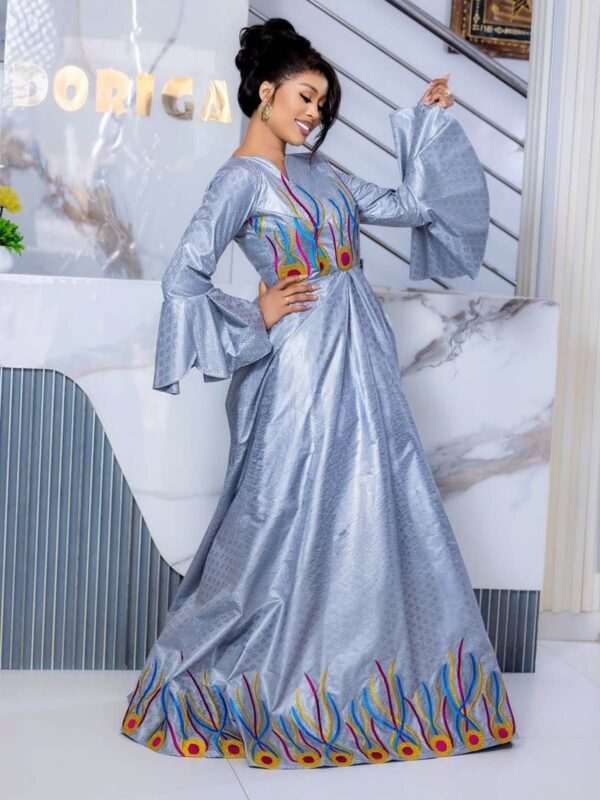 Grey Women's Bazin dress 2 Modest African bazin dress with long sleeves and multicolor embroidered detail