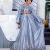 Grey Women's Bazin dress 3 Modest African bazin dress custom-made in Getzner with flowing full-length design