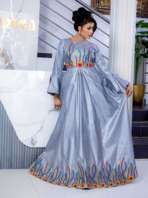 Grey Women's Bazin dress 3 Modest African bazin dress custom-made in Getzner with flowing full-length design