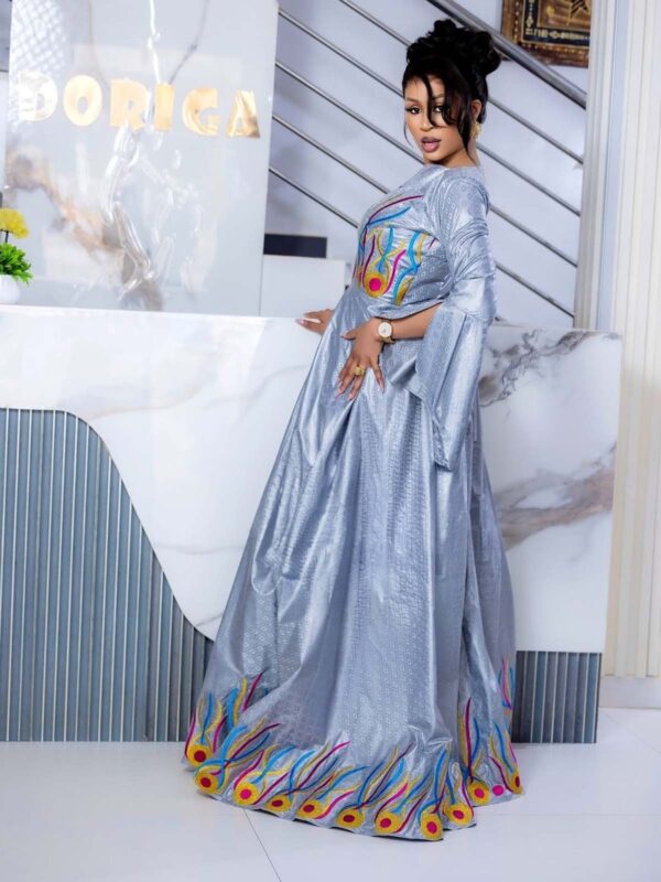 Grey Women's Bazin dress 4 Modest African bazin dress with long sleeves and multicolor embroidered detail