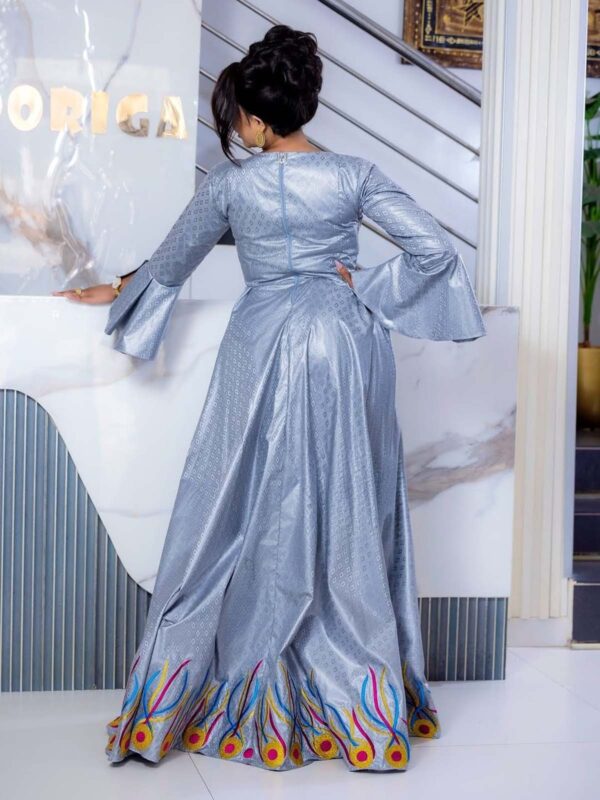 Grey Women's Bazin dress 5 Modest African bazin dress with long sleeves and multicolor embroidered detail