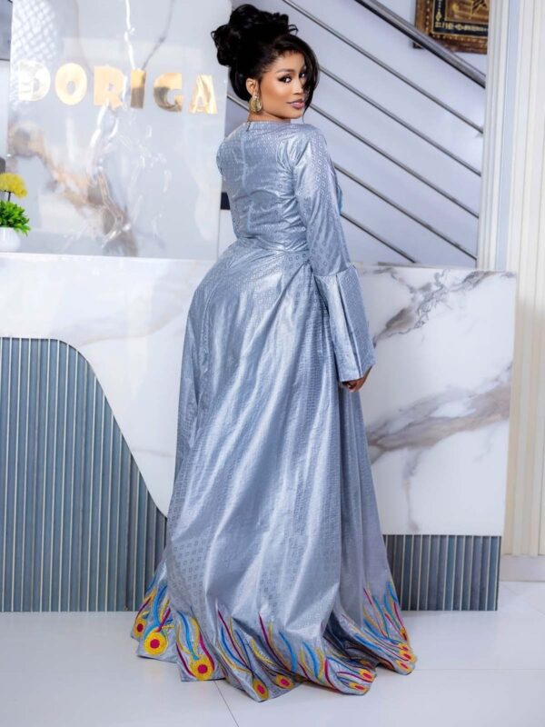 Grey Women's Bazin dress 6 Modest African bazin dress with long sleeves and multicolor embroidered detail