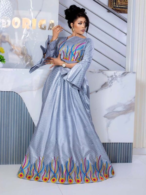 Grey Women's Bazin dress Modest African bazin dress with long sleeves and multicolor embroidered detail