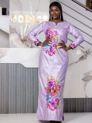 Handmade Bazin Dress 4 Handmade bazin dress in lavender Getzner with colorful floral embroidery