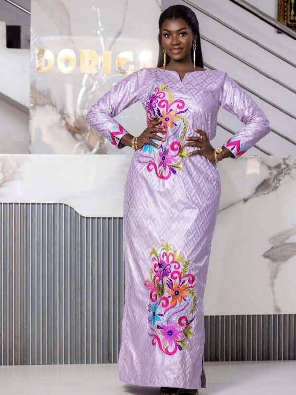 Handmade Bazin Dress 4 Handmade bazin dress in lavender Getzner with colorful floral embroidery