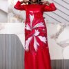 High Quality Bazin Riche Clothing – Custom Red Bazin Riche Gown with Pink & White Embroidery