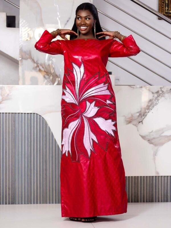 High Quality Bazin Riche Clothing – Custom Red Bazin Riche Gown with Pink & White Embroidery