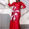 High Quality Bazin Riche Clothing – Custom Red Bazin Riche Gown with Pink & White Embroidery