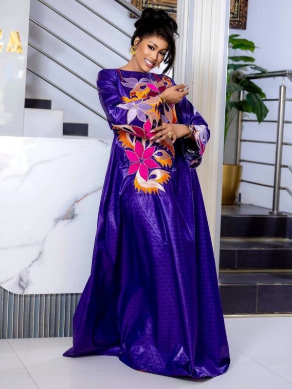 Modern bazin styles for women 2 Modern Bazin Styles for Women – Purple Floral Embroidered Getzner Boubou with Bell Sleeves