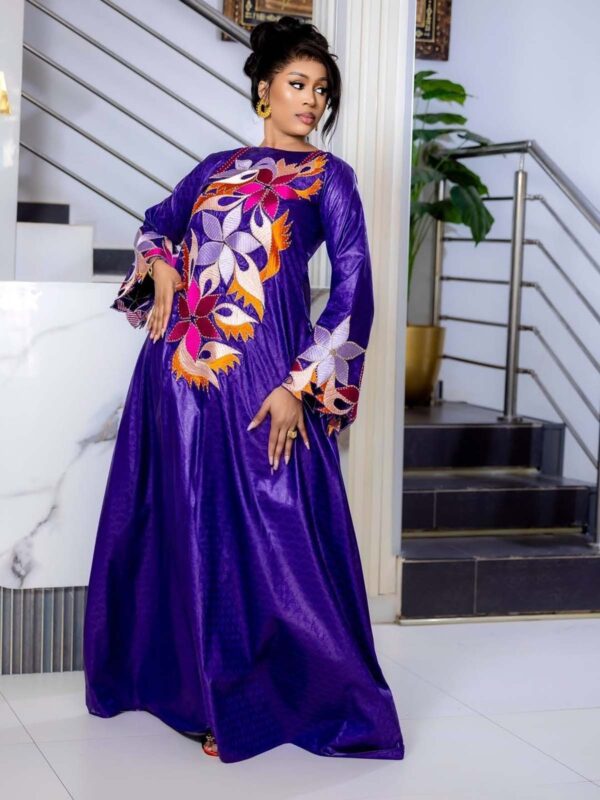 Modern bazin styles for women 3 Modern Bazin Styles for Women – Purple Floral Embroidered Getzner Boubou with Bell Sleeves