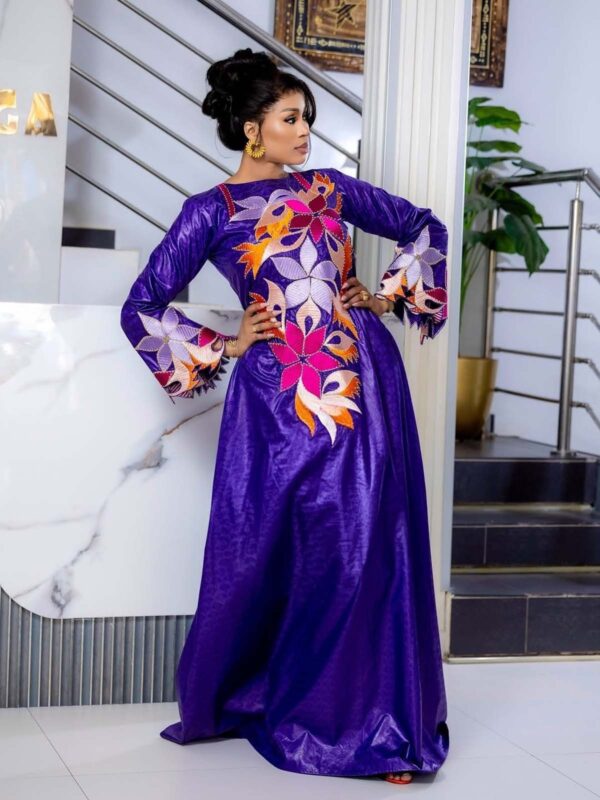 Modern bazin styles for women 4 Modern Bazin Styles for Women – Purple Floral Embroidered Getzner Boubou with Bell Sleeves
