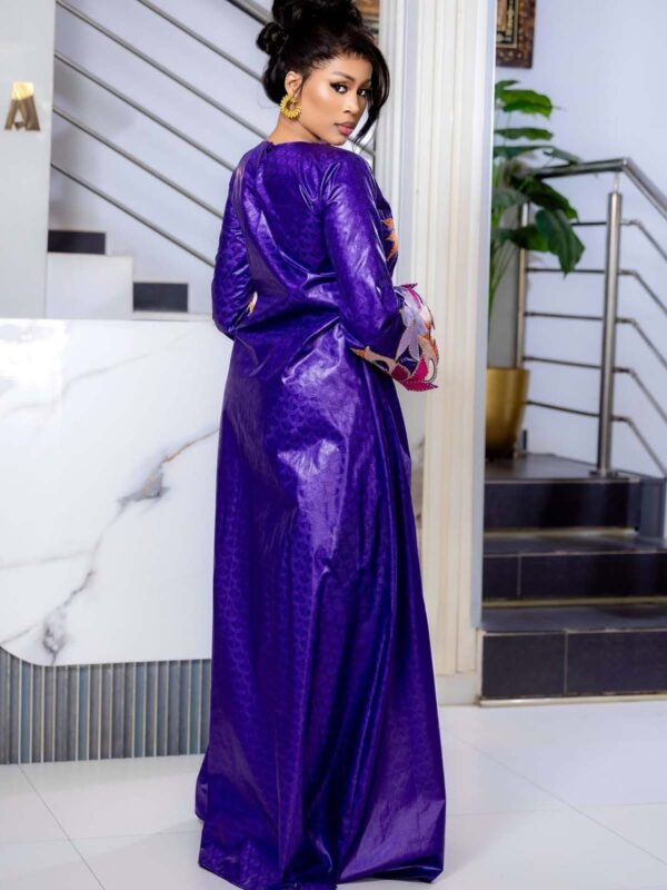 Modern bazin styles for women 5 Modern Bazin Styles for Women – Purple Floral Embroidered Getzner Boubou with Bell Sleeves