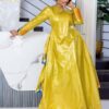 Modest African Fashion Bazin Dress in Gold with Patterned Detailing