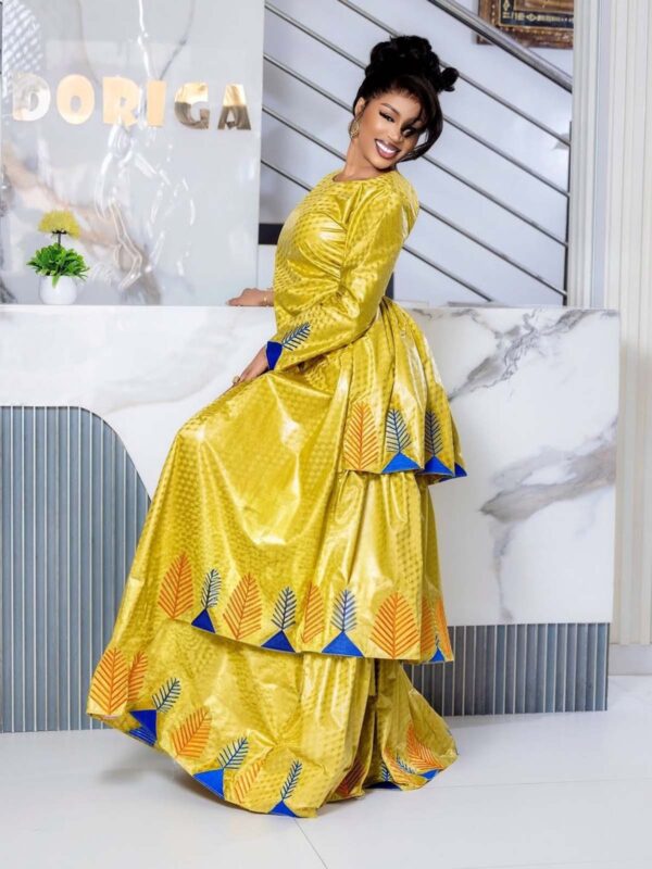 Modest African Fashion Bazin – Long Sleeve Gold Maxi Dress for Women