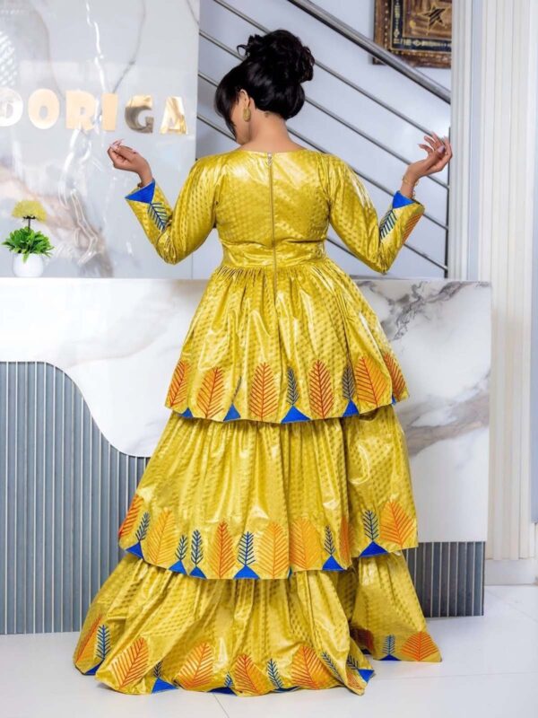 Modest African Fashion Bazin – Long Sleeve Gold Maxi Dress for Women