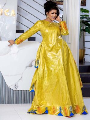 Modest African Fashion Bazin Dress in Gold with Patterned Detailing
