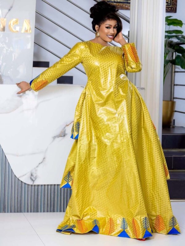 Modest African Fashion Bazin Dress in Gold with Patterned Detailing