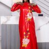 Modest bazin dress for Muslim women in red Getzner with floral embroidery
