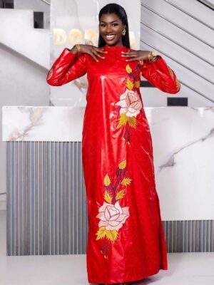Modest bazin dress for Muslim women Modest bazin dress for Muslim women in red Getzner with floral embroidery
