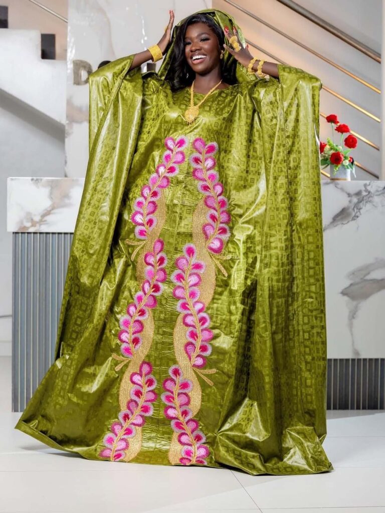 Bazin for Tabaski in Green Getzner Fabric with Pink Embroidery