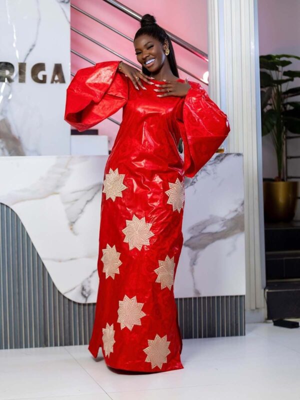 Premium Bazin Kaftan – Red Getzner Kaftan with Gold Patterns