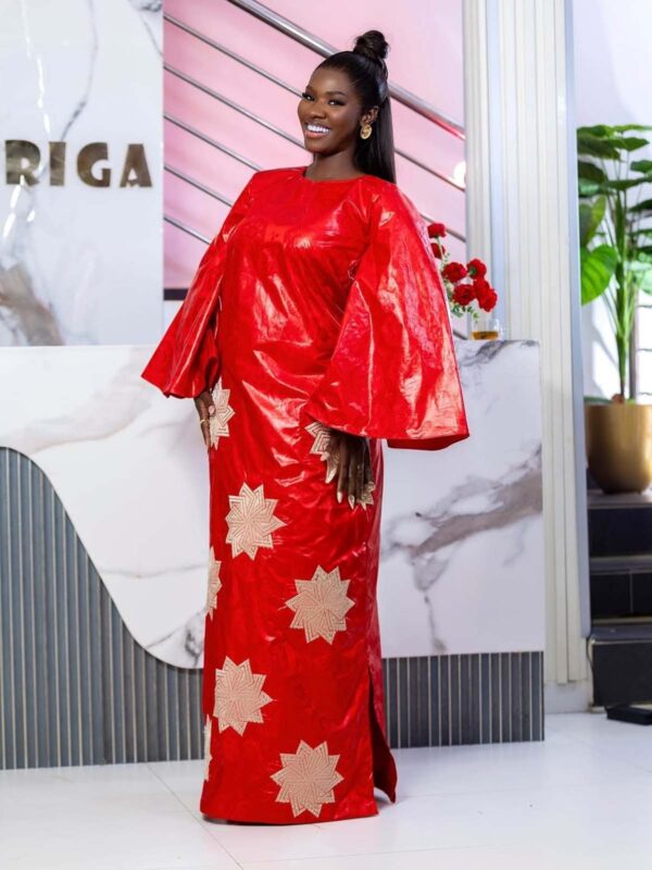 Premium Bazin Kaftan – Red Getzner Kaftan with Gold Patterns