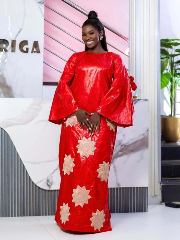 Premium Bazin Kaftan – Red Getzner Kaftan with Gold Patterns