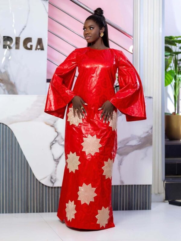 Red Bazin Kaftan with Gold Embroidery