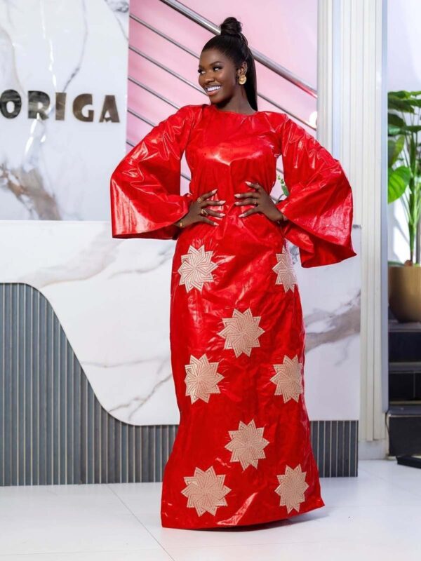 Premium Bazin Kaftan – Red Getzner Kaftan with Gold Patterns