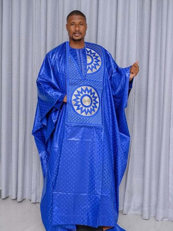 Senegalese Men Outfit Bazin in Royal Blue with Embroidered Panel Boubou