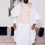 Senegalese men outfit bazin custom made white boubou with detailed chest embroidery